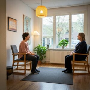 Een uitnodigende praktijkruimte in Doorn met een therapeut en cliënt, gericht op EMDR therapie.