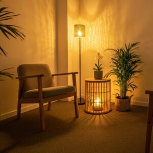 Een warme en uitnodigende therapieruimte in Hoofddorp met een comfortabele stoel, zachte verlichting en natuurlijke elementen.