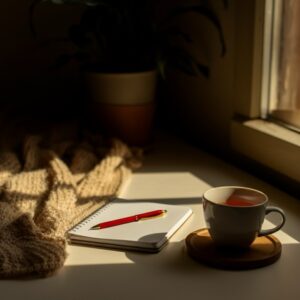 Een serene werkplek met een notitieboek, een kopje thee en warm zonlicht, ideaal voor persoonlijke reflectie.