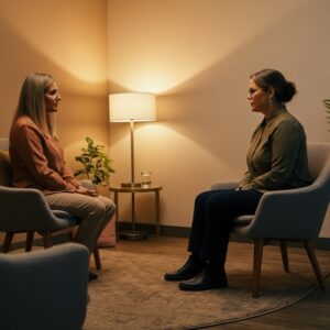 Conceptuele illustratie van een menselijk brein met gloeiende verbindingen, die mentale helderheid en herstel door psychotherapie symboliseert.