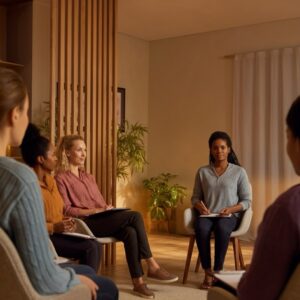 : Een één-op-één sessie met een vitaliteitscoach in een park, waarbij de coach en cliënt ontspannen wandelen en doelen bespreken.