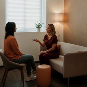 Persoon die ademhalingsoefeningen doet op een yogamat in een zacht verlichte ruimte, symbool voor rust en mindfulness door ademcoaching.