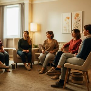 Een life coach begeleidt een groep deelnemers tijdens een interactieve en ondersteunende groepssessie in een comfortabele ruimte.