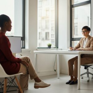 Een groepssessie met een life coach in een gezellige ruimte, waarbij deelnemers in een kring een ondersteunend gesprek voeren.