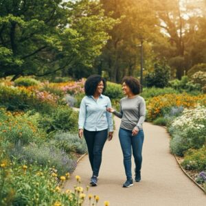 Een groepssessie met een vitaliteitscoach in een gezellige ruimte, waarbij deelnemers in een kring een ondersteunend gesprek voeren.