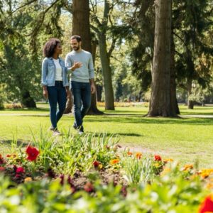 Een life coach en cliënt wandelen samen in een park tijdens een ontspannen coaching sessie.
