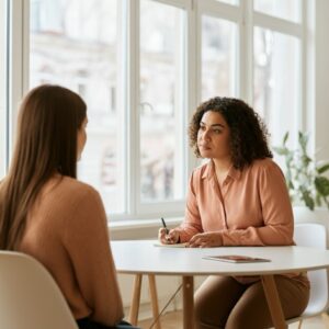 Een persoon die mediteert in een bosrijke omgeving, symbool voor balans en mindfulness door leefstijl coaching.