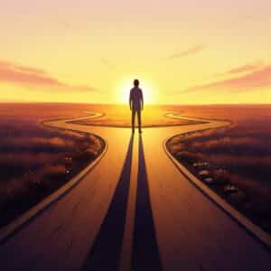 Een persoon die bij een kruispunt staat, symbool voor het maken van keuzes en het zoeken naar begeleiding via een psycholoog.