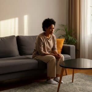  Een persoon die een pad bewandelt in een natuurlijke omgeving, symbool voor mentale helderheid en balans door psychologische begeleiding.