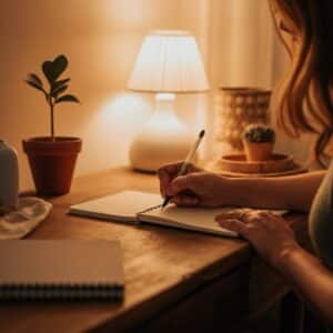 Een persoon die aan het journalen is in een gezellige, zacht verlichte ruimte, symbool voor zelfreflectie en persoonlijke groei door psychologische begeleiding.
