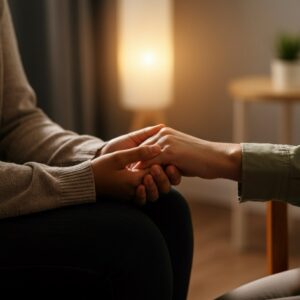 Een persoon die aan het journalen is in een zacht verlichte ruimte, symbool voor zelfreflectie en persoonlijke groei door therapie.