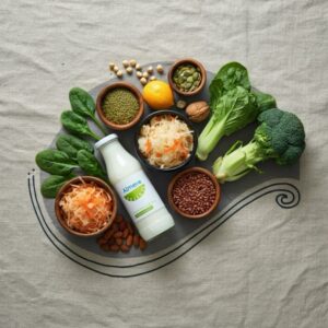 Orthomoleculair therapeut Almere – top-down compositie met gefermenteerde voeding, vezelrijke peulvruchten, groenten, noten en zaden in zachte golfvorm; focus op darmgezondheid, immuunsysteem en herstel.