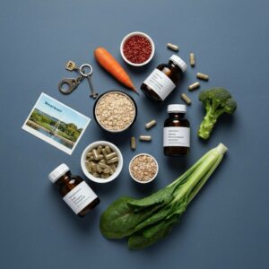 Orthomoleculair therapeut Almere – flatlay met seizoensgroenten, volle granen, bessen en neutrale supplementflesjes op blauwgrijze achtergrond; focus op orthomoleculaire voeding, vitamineadvies en gezonde leefstijl.