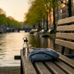 Rustige ochtendscene langs de Amstel met bankje, waterfles en trui in zacht zonlicht; symbool voor mindful herstel en balans bij orthomoleculaire therapie in Amsterdam