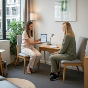 Therapeut bespreekt een persoonlijk gezondheidsplan op een tablet tijdens een intakegesprek in een lichte Amsterdamse praktijk met uitzicht op de gracht, warme en professionele sfeer