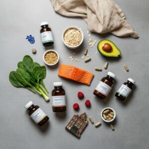 Flatlay van zalm, avocado, bladgroenten, bessen, havermout en neutrale supplementflessen als ondersteuning bij orthomoleculaire therapie in Amsterdam
