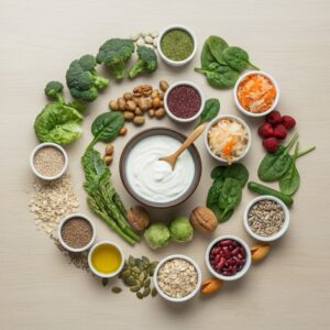 Bovenaanzicht van gezonde ingrediënten rond een kom yoghurt, met noten, zaden, granen, groenten en bessen voor darmgezondheid volgens orthomoleculaire voeding
