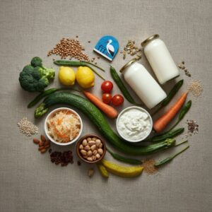 Bovenaanzicht van gefermenteerde voeding, vezelrijke groenten, noten en zaden in een zachte golfvorm als knipoog naar de Scheveningse kust; visualisatie van darmgezondheid binnen orthomoleculaire therapie in Den Haag