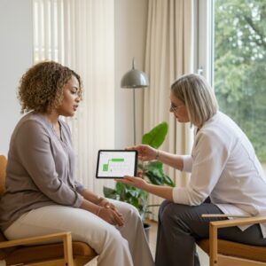 Therapeut en cliënt bespreken een persoonlijk plan op een tablet tijdens een intake in een lichte Haagse praktijk met zicht op het Haagse Bos; warme, duidelijke begeleiding richting herstel