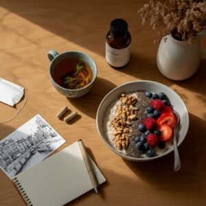 Orthomoleculair therapeut Groningen – rustgevend ontbijt met kruidenthee, overnight oats, bessen, walnoten, chia en een neutraal supplementflesje op houten tafel; focus op orthomoleculaire voeding en energieke start van de dag.