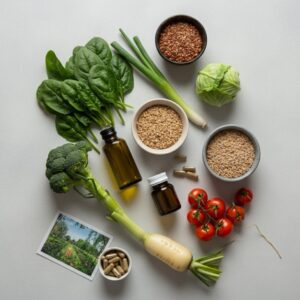 Orthomoleculair therapeut Groningen – flatlay met verse groenten, volle granen, bessen, olijfolie en neutrale supplementflesjes op licht oppervlak; focus op orthomoleculaire voeding, vitamineadvies en gezond leefpatroon.