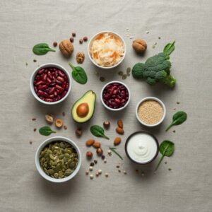 Orthomoleculair therapeut Haarlem – top-down compositie met gefermenteerde voeding, vezelrijke peulvruchten, groenten, noten en zaden in zachte golfvorm als verwijzing naar het Spaarne; focus op darmgezondheid, spijsvertering en energieherstel.