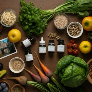 Orthomoleculair therapeut Haarlem – flatlay met seizoensgroenten, volle granen, bessen en neutrale supplementflesjes op rustige ondergrond; focus op orthomoleculaire voeding, vitamineadvies en gezonde leefstijl.