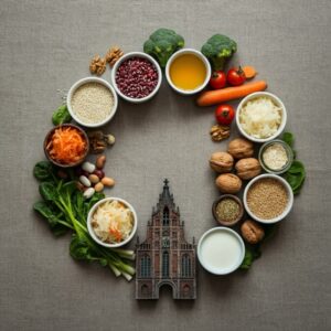 Orthomoleculair therapeut in Utrecht – top-down compositie met gefermenteerde voeding, vezelrijke peulvruchten, groenten, noten en zaden in een zachte kanaalvorm als verwijzing naar de Oudegracht; focus op darmgezondheid en balans.