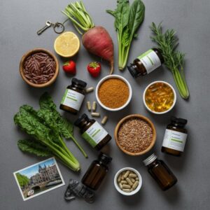 Orthomoleculair therapeut in Utrecht – flatlay met seizoensgroenten, bessen, volle granen, omega-3-bronnen en neutrale supplementflessen ter ondersteuning van orthomoleculaire voeding en vitamineadvies.