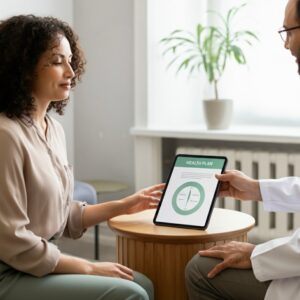 Orthomoleculair therapeut presenteert een persoonlijk gezondheidsplan op een tablet tijdens een intakegesprek in een moderne, warme praktijkomgeving