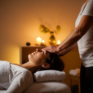 Reiki-sessie in Hoorn met een therapeut die zachte handoplegging toepast in een warme, rustgevende omgeving, gericht op het herstellen van innerlijke balans.