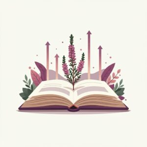 llustratie van een open boek waaruit een heideplant groeit met pijlen omhoog, symbool voor leren en ontwikkeling met ondersteuning van een orthopedagoog in Hilversum.