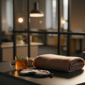 Reiki therapie Eindhoven met een rustige workday break: mok kruidenthee, oogmasker en opgevouwen deken op een minimalistische Brainport‑stijl werkplek