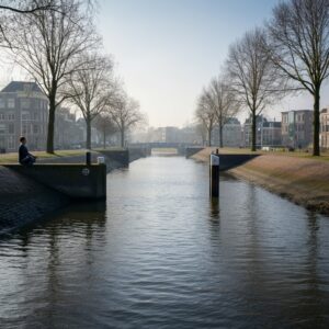 Een serene weergave van het Drierivierenpunt in Dordrecht, met een persoon die mediteert aan de oever, symbool voor balans en harmonie.
