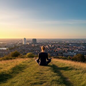 Een vrouw die mediteert op een groene heuvel met uitzicht op Groningen bij zonsondergang, symboliserend balans en rust in therapie.