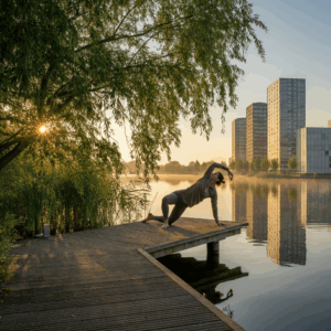 Een serene Almere-meeromgeving met een persoon die yoga beoefent bij zonsopgang, omringd door natuur en moderne architectuur, symbool voor balans en vitaliteit.