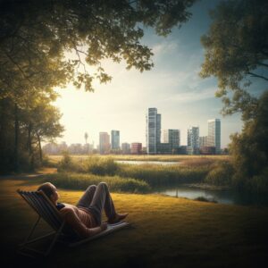 Een persoon ontspant in een ligstoel bij een serene vijver in het Haarlemmermeerse Bos, met een moderne skyline op de achtergrond, symbool voor rust en herstel in Hoofddorp.