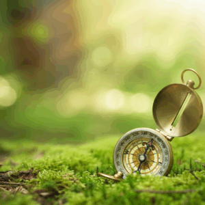 Een serene afbeelding van een kompas op mos in een zonovergoten bos, symboliserend begeleiding en richting in Laren.
