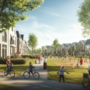Een circulaire wijk in Almere met duurzame woningen, groene ruimtes en een gemeenschap die samenwerkt aan welzijn en persoonlijke ontwikkeling, passend bij therapie in Almere.