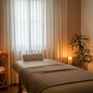 Rustige Reiki-praktijkruimte in Geldrop met zacht daglicht en natuurlijke materialen, als kalme basis na een wandeling in de Dommelvallei.