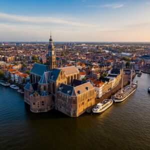 Een luchtfoto van de historische binnenstad van Dordrecht, met het Groothoofd en de Nieuwe Haven, die de unieke monumentale stadsstructuren van Dordrecht benadrukt.