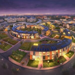 Een moderne, duurzame woonwijk in Almere met circulaire gebouwen, groene ruimtes en een focus op innovatie en welzijn, passend bij therapie en persoonlijke ontwikkeling in Almere.