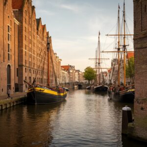 Een persoon wandelt langs de Wolwevershaven in Dordrecht, omringd door historische schepen en pakhuizen, symbool voor vitaliteit en balans in een waterrijke stad.