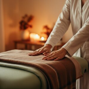 Reiki ritueel in Helmond: therapeut strijkt een plaid recht op de behandeltafel in warme sfeer.