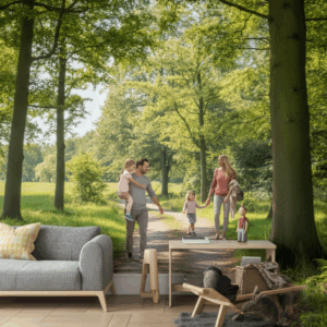 Een moderne woonkamer met een grote muurschildering van een familie die door een zonovergoten bos wandelt, die natuur en harmonie weerspiegelt.