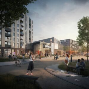 De Filmwijk in Almere met moderne appartementen, een bioscoop en mensen die genieten van culturele activiteiten, passend bij therapie en persoonlijke groei in Almere.