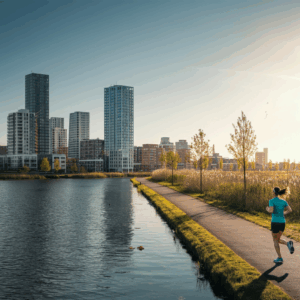 Een moderne skyline van Almere met een persoon die langs het water jogt, symbool voor het opbouwen van gezondheid en balans in een dynamische stad.