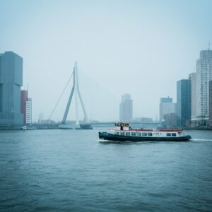 Afbeelding van een schip op de Maas in Rotterdam, symbool voor herstel, balans en veerkracht in een dynamische stad.