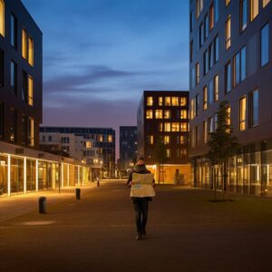 Een persoon met een kaart wandelt door een moderne wijk in Hoofddorp bij schemering, met verlichte gebouwen op de achtergrond, symbool voor persoonlijke gezondheidsroutes en herstel.
