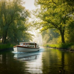 Een kleine boot glijdt rustig door de kreken van de Biesbosch, omgeven door groen en zacht zonlicht, symbool voor ontspanning en herstel in een natuurlijke omgeving.